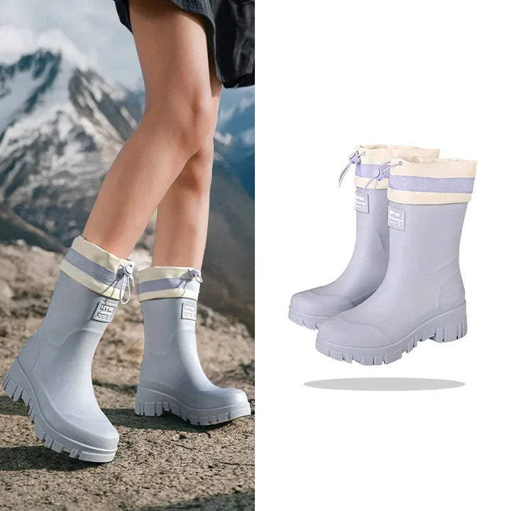 Retro dames regenlaarzen met stevige antislipzool, waterdicht en duurzaam voor alle weersomstandigheden.