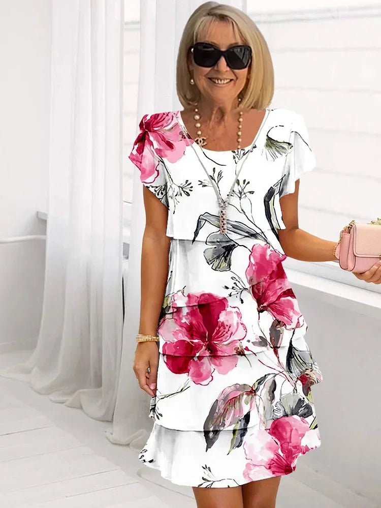 Dames ruffle gelaagde mini jurk met vierkante halslijn, ideaal als elegante zomerjurk of feestjurk.