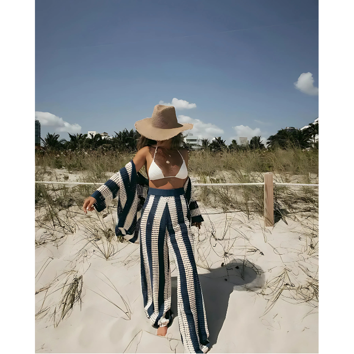 Dames Salina boho strandset, tweedelig en gehaakt. Losvallende zomeroutfit, ideaal voor strand of vakantie.