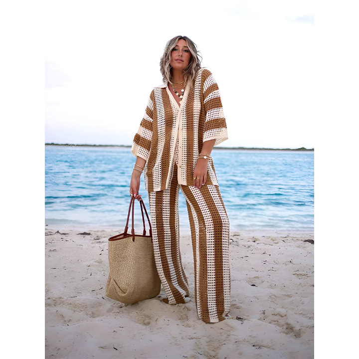 Luchtige en modieuze dames Salina strandset in boho-stijl. Gehaakt, tweedelig en comfortabel voor hete zomerdagen.
