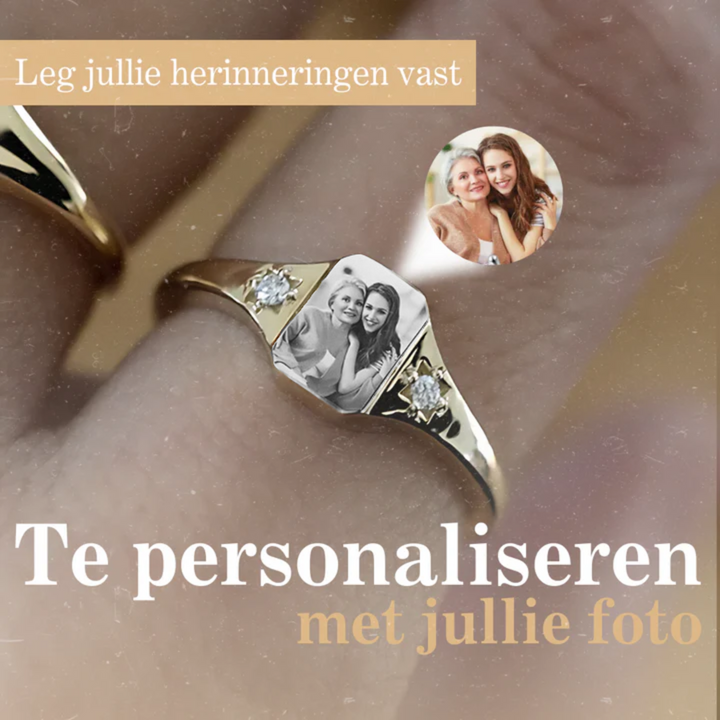 Dames sentimentring in zilver met gepersonaliseerde foto en geboortesteen, perfect als uniek persoonlijk geschenk.
