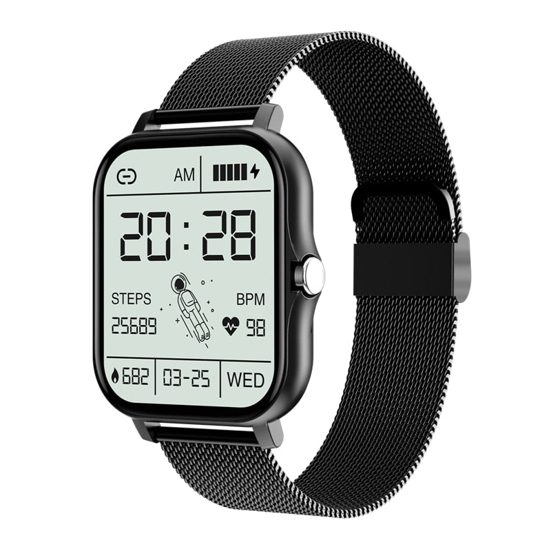 Vrouw draagt RoboWatch dames smartwatch tijdens fitness; meet stappen en calorieën accuraat.