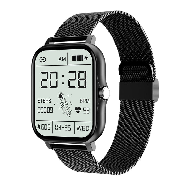 Vrouw draagt RoboWatch dames smartwatch tijdens fitness; meet stappen en calorieën accuraat.