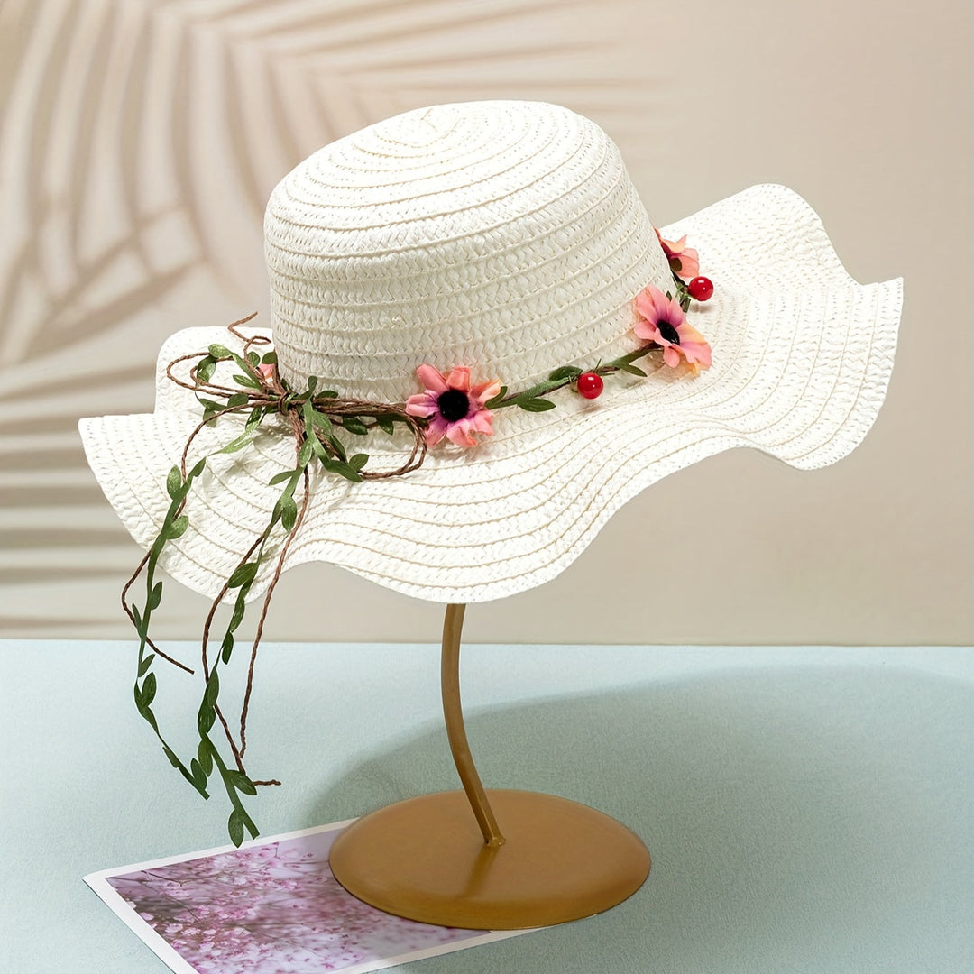 Bohemian strandhoed voor dames met unieke bloem- & fruitdetails; ideale zonbescherming.
