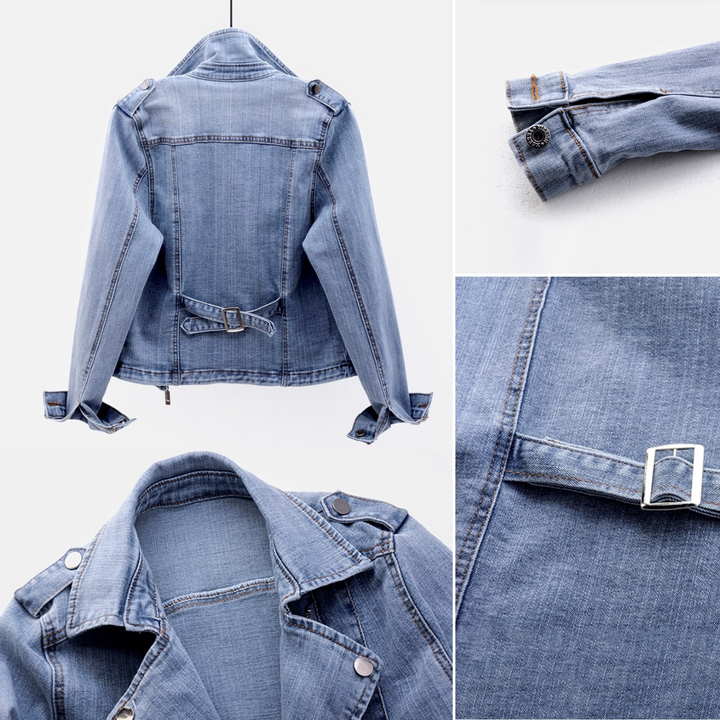 Close-up van de textuur van een blauwe denim spijkerjas voor dames. Duurzame, tijdloze kleding voor elk seizoen.