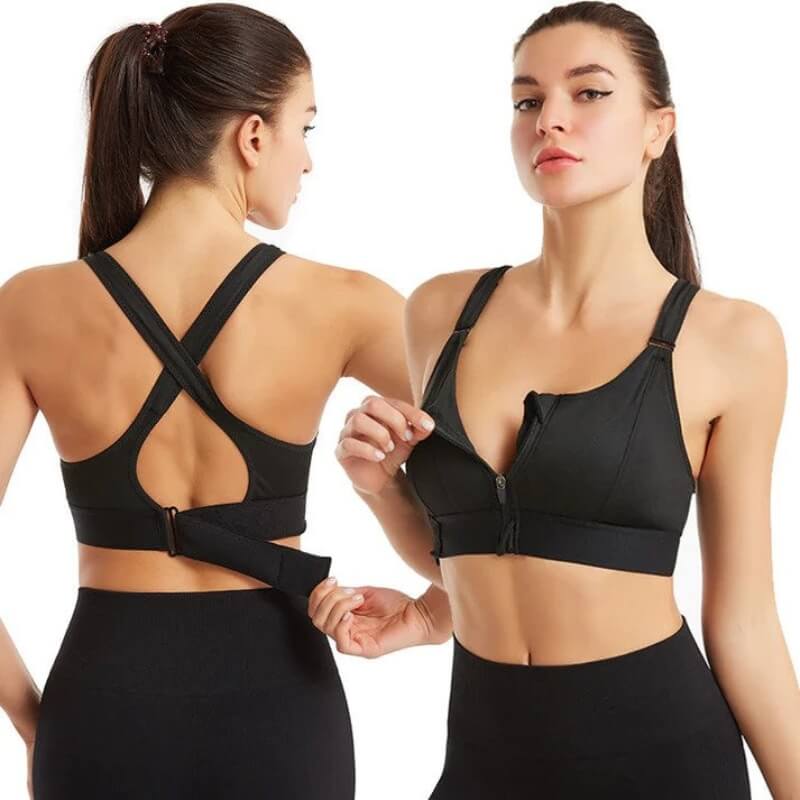Dames sport BH Mira met rits vooraan en sterke ondersteuning voor fitness, yoga en hardlopen.