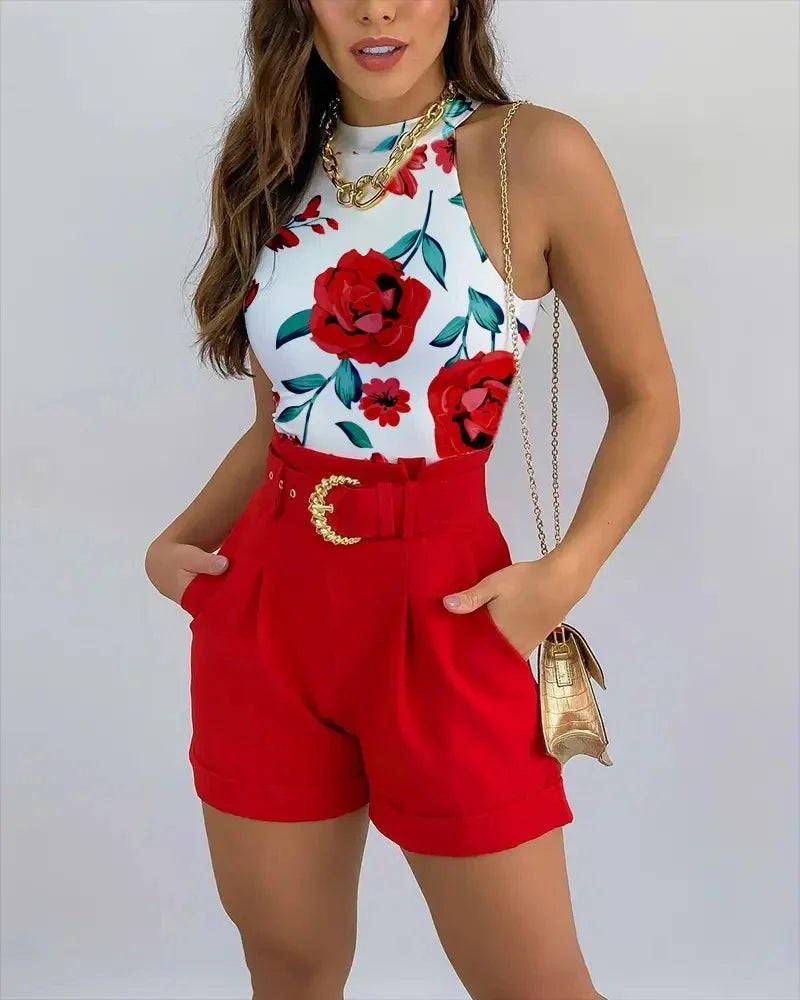 Dames stijlvolle tweedelige zomerset met bloemenprint top & short, comfortabel en casual.