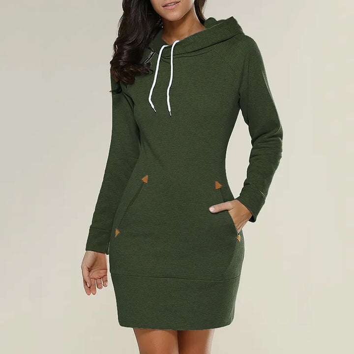 Elegante én comfortabele dames sweatjurk, met capuchon en zakken voor praktisch gebruik.