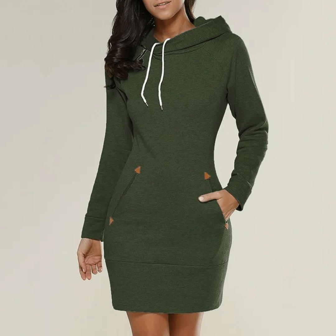 Must-have dames capuchonjurk met zakken. Comfortabele, modieuze jurk met lange mouwen voor winter.