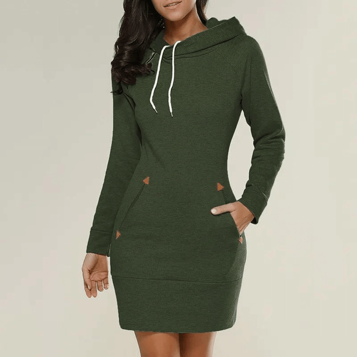 Must-have dames capuchonjurk met zakken. Comfortabele, modieuze jurk met lange mouwen voor winter.
