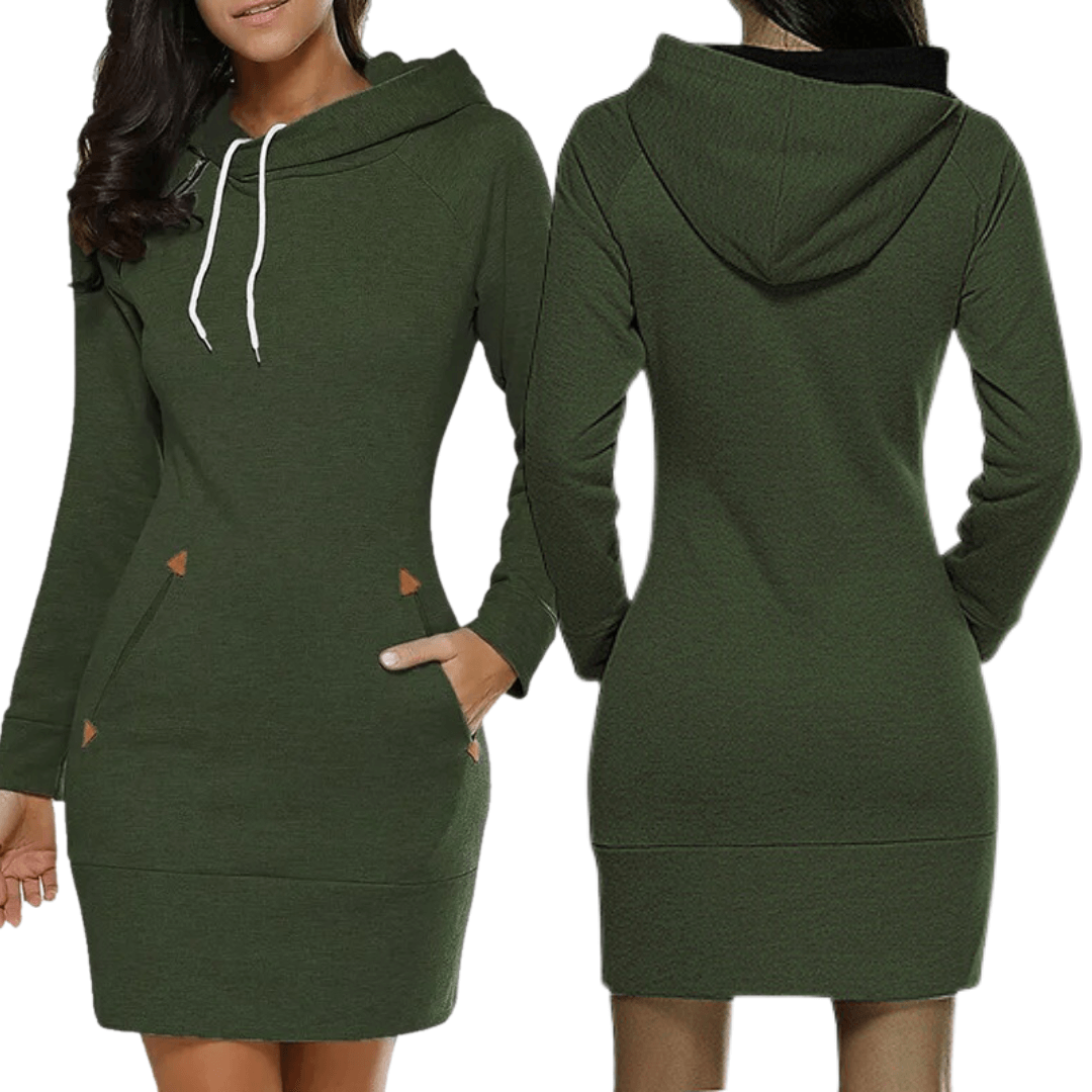 Detail van de capuchon en zakken op deze Isabella dames sweatjurk, voor extra functionaliteit.
