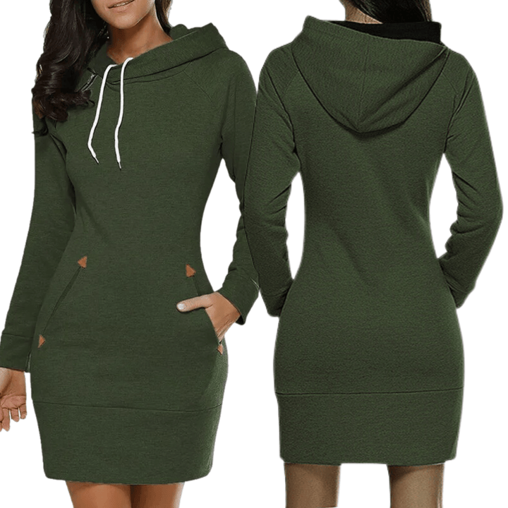 Detail van de capuchon en zakken op deze Isabella dames sweatjurk, voor extra functionaliteit.