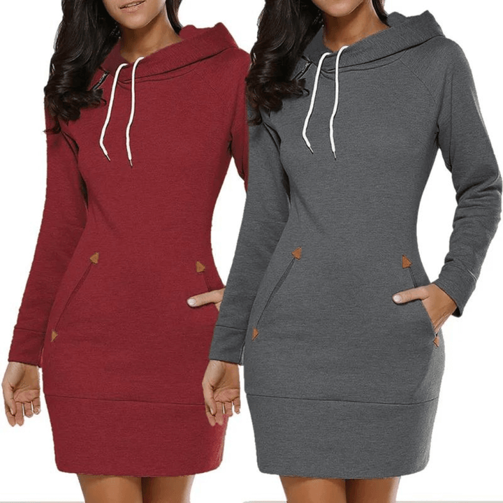 Zachte dames capuchonjurk met lange mouwen en zakken. Ultiem comfort voor vrouwenkleding.