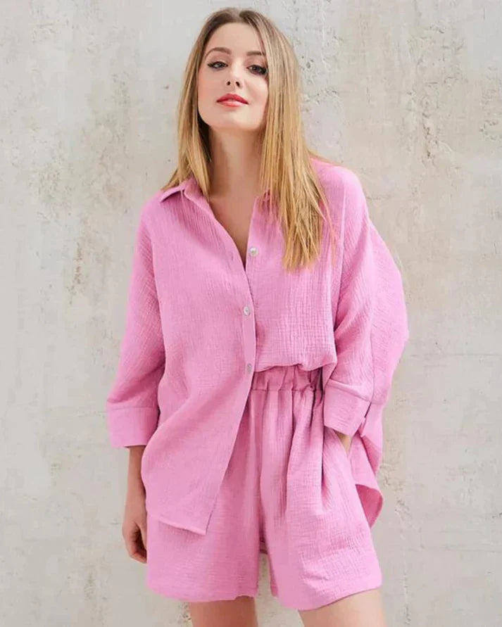 Ideale Tabea zomer set voor dames, tweedelig met structuur. Casual chic en luchtig voor warme dagen.