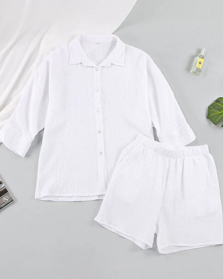 Modieuze Tabea dames zomer set met structuur, tweedelig en lichtgewicht. Comfortabel casual chic ensemble.