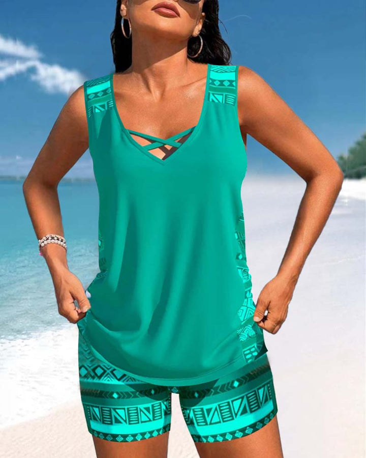 Zomers dames tankini badpak, comfortabel en modieus, perfect voor ontspanning aan het water.