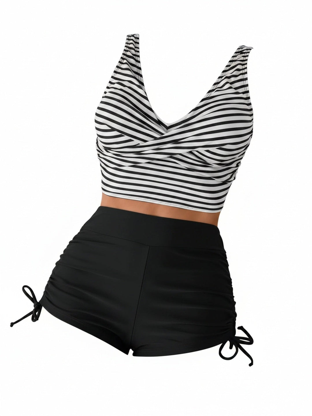 Dames tankini set met gestreepte twist front top en zwart hoge taille broekje op witte achtergrond