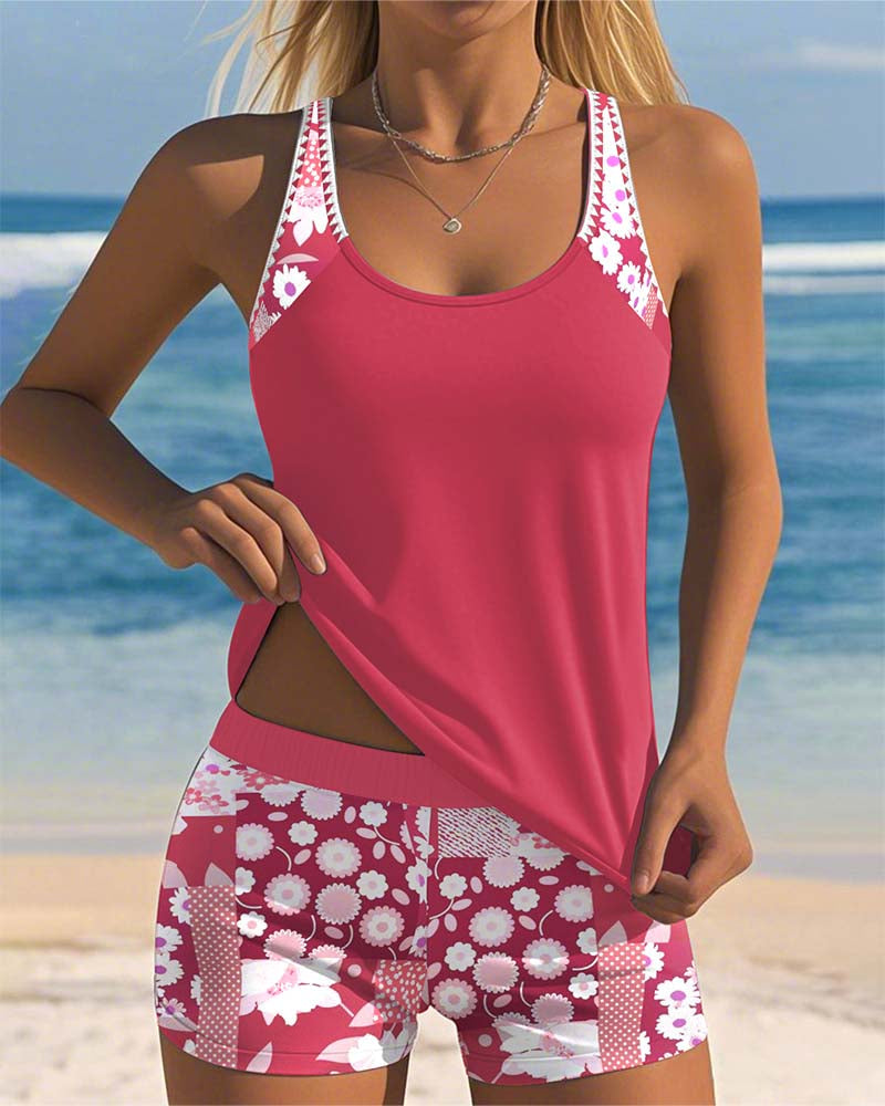 Dames tankini set met kleurrijke bloemenprint, verstelbare bandjes en comfortabele zwemshorts.