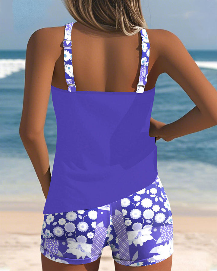 Comfortabele dames bloemen tankini set, ideaal voor zomer en strand, inclusief bijpassende zwemshorts.