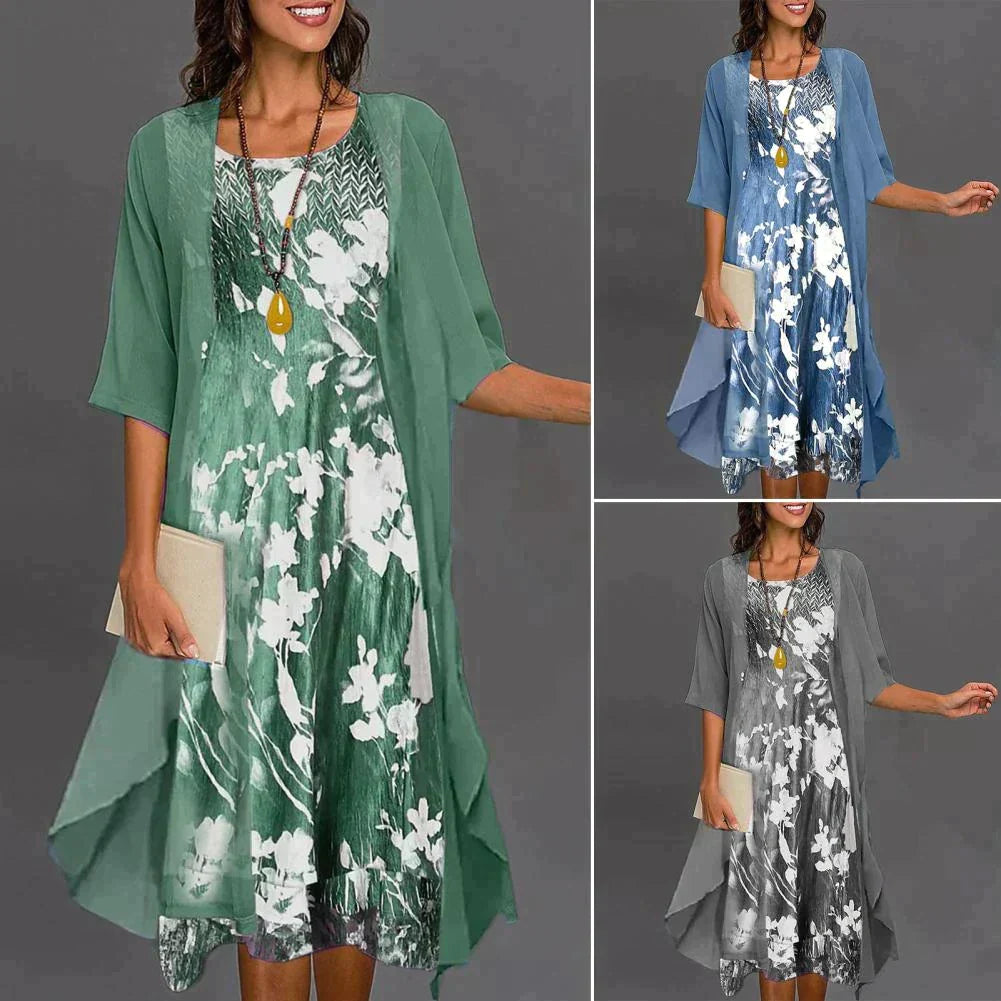 Dames Théa zomerjurk & vest set met bloemenprint, elastische taille. Elegant en comfortabel.