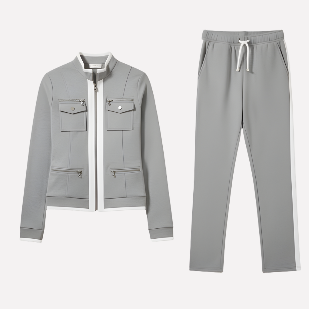 Dames trainingspak set met sportief jack en broek, voorzien van stijlvolle contrast trim. Comfortabele vrijetijdskleding.