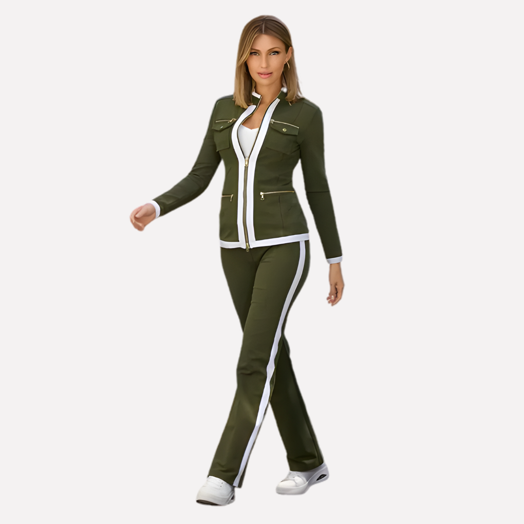Comfortabel dames trainingspak, perfect voor vrijetijd of sport. Set met jack en broek met subtiele contrast trim.