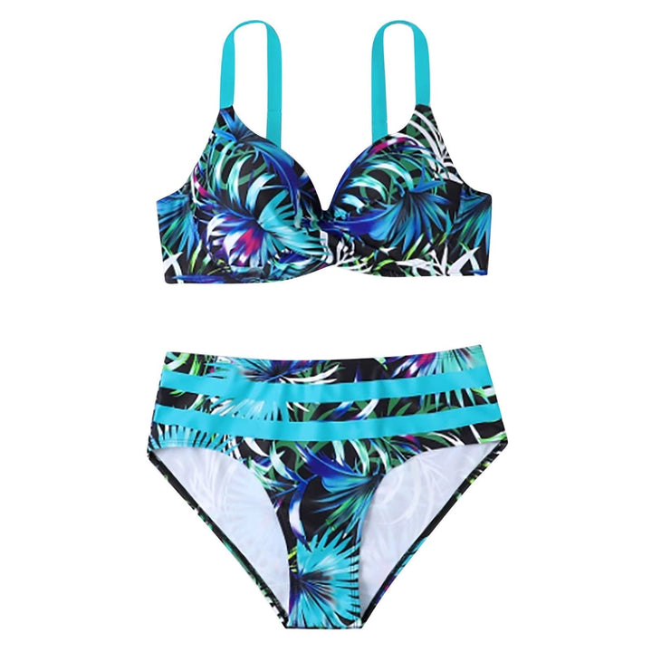 Zwarte en turkoois trendy bikiniset voor vrouwen; elegante hoge taille en gewatteerde bustier.