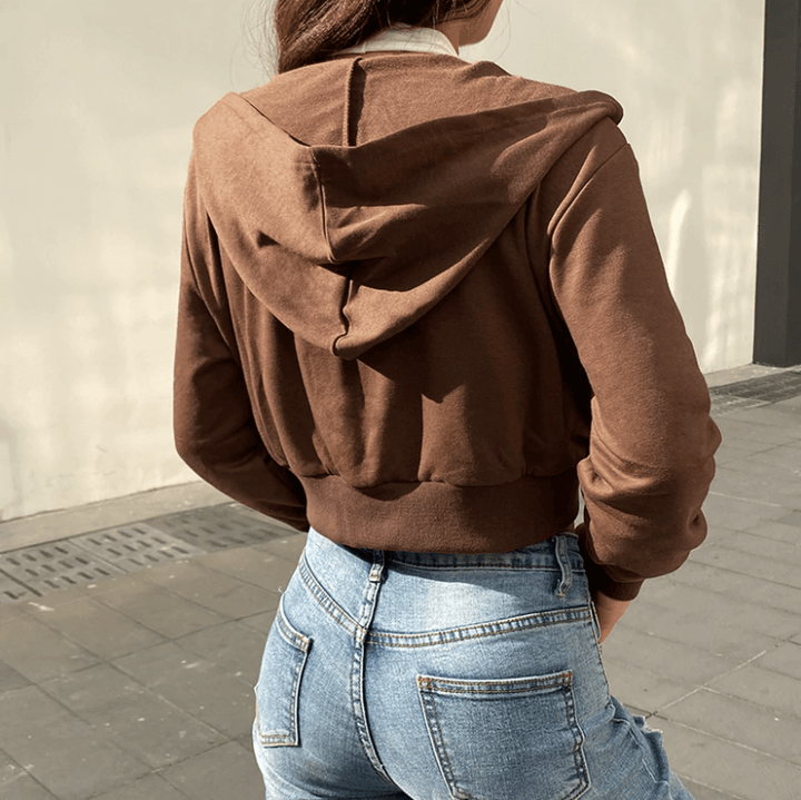 Trendy Alina cropped hoodie voor dames met rits, verkrijgbaar in roze en bruin.