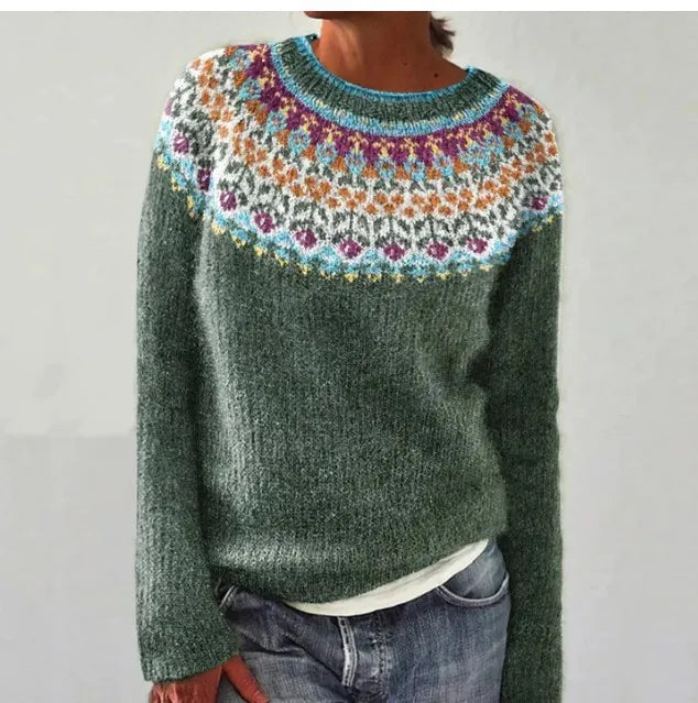 Dames Fair Isle trui met uniek geborduurd patroon. Warme, losse pasvorm voor elke dag.