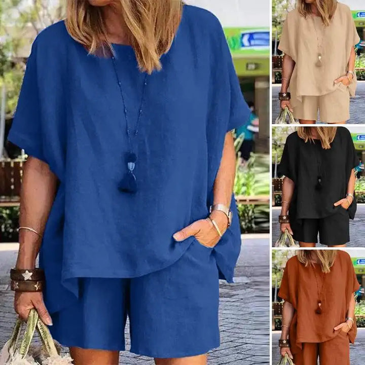Casual linnen blouse en shorts zomerset voor dames, stijlvol en luchtig, perfect voor warm weer.
