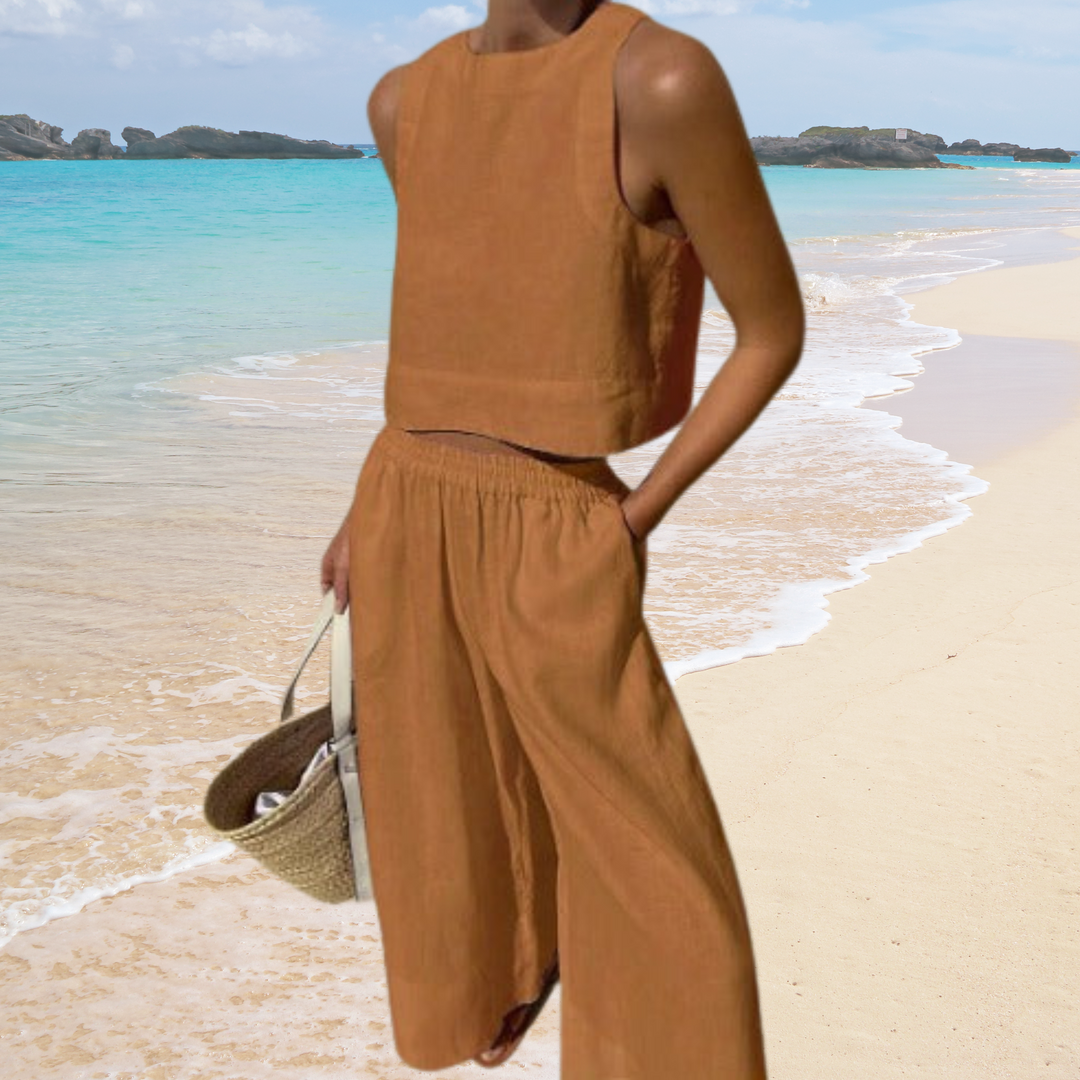 Dames tweedelige zomerset Amara: elegante mouwloze crop top & broek met wijde pijpen, comfortabele katoen-linnenmix.