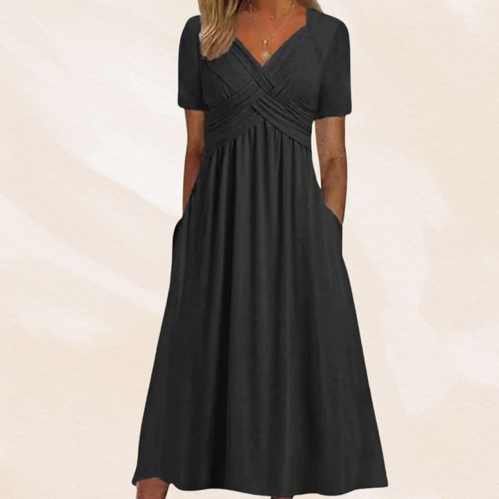 Dames V-hals A-lijn midi jurk, comfortabel en stijlvol. Elegante zomerjurk met korte mouwen.