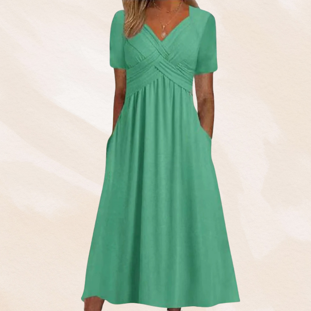 Stijlvolle V-hals midi jurk voor dames, A-lijn model, ideaal als feestjurk of casual kleding.