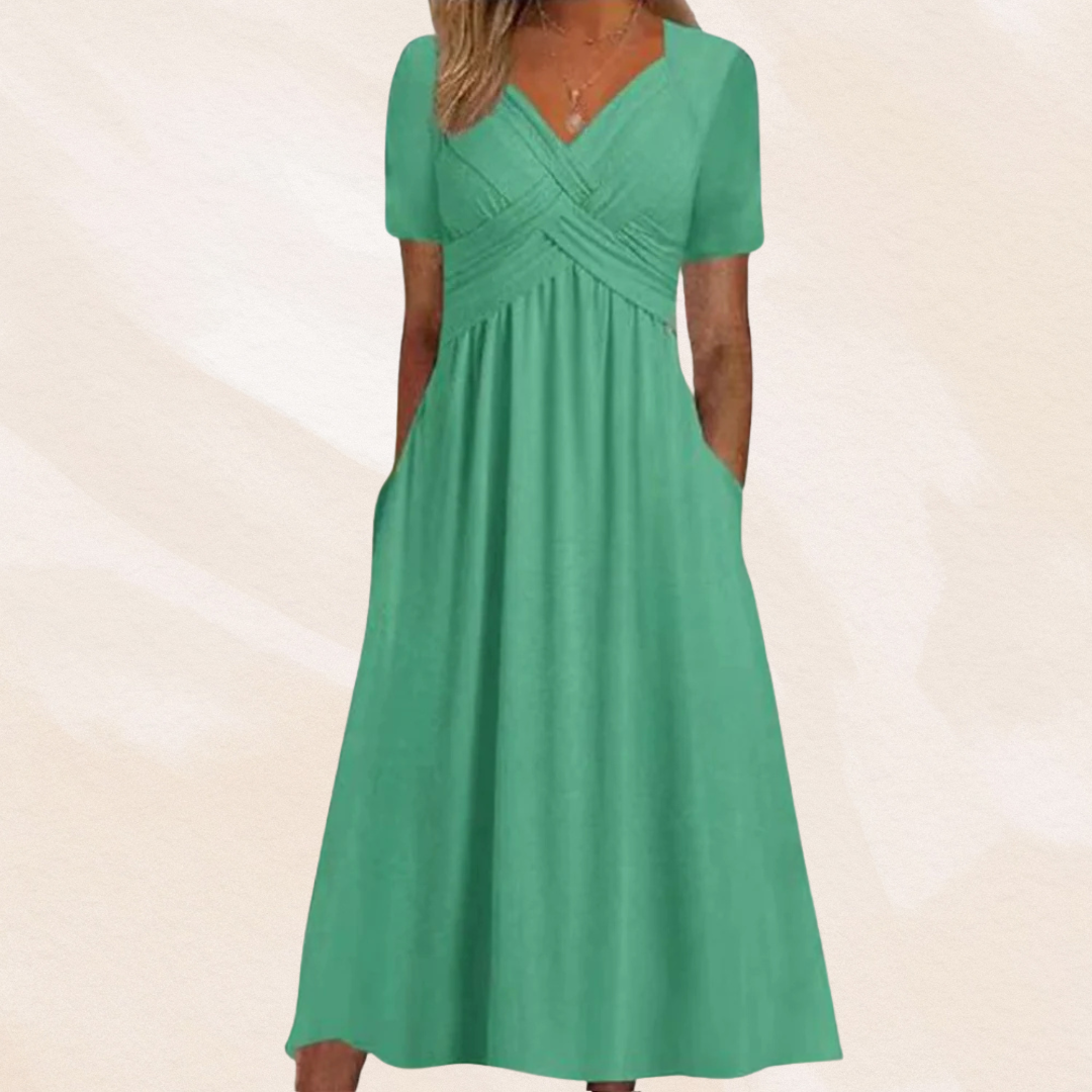 Stijlvolle V-hals midi jurk voor dames, A-lijn model, ideaal als feestjurk of casual kleding.