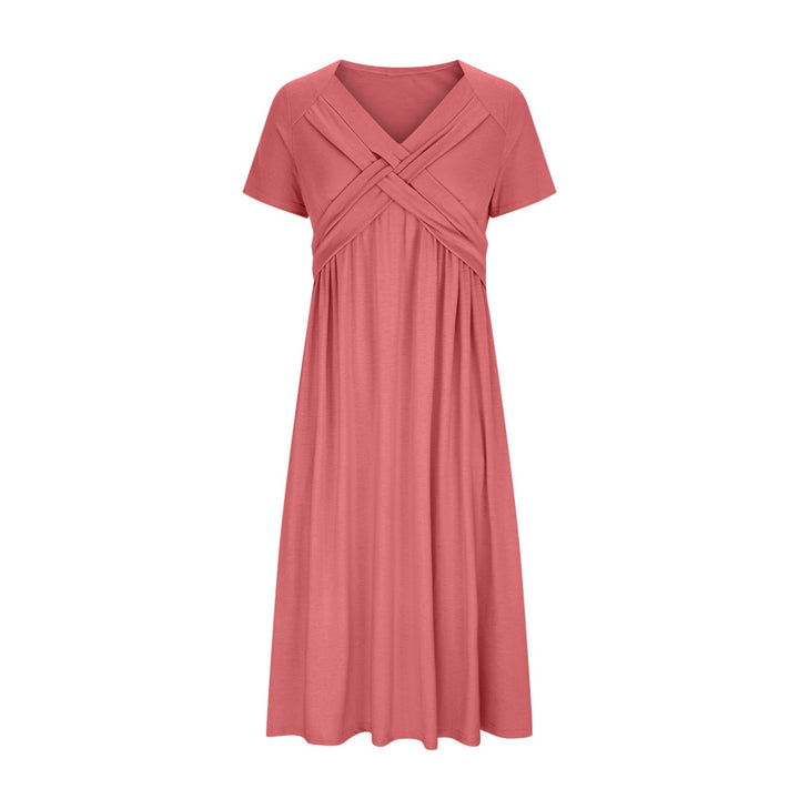 Vrouwelijke V-hals midi jurk voor dames. Elegante A-lijn snit, korte mouwen, ideaal voor chique of casual.