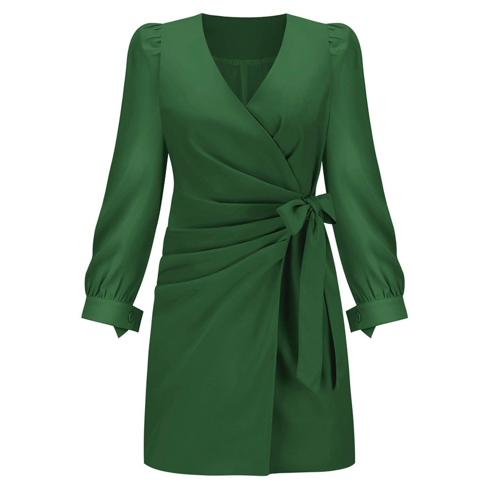 Dames V-hals jurk met lange mouwen, ideaal voor herfst & winter. Elegant en comfortabel voor elke gelegenheid.