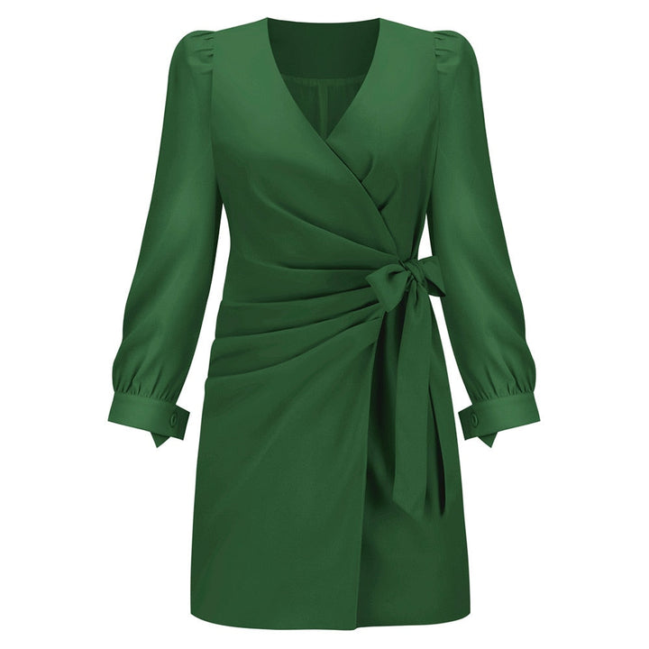 Dames V-hals jurk met lange mouwen, ideaal voor herfst & winter. Elegant en comfortabel voor elke gelegenheid.