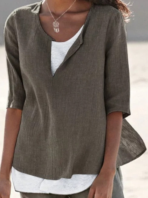 VeeTee™ dames V-hals top, ideaal voor zomer en dagelijkse comfort.