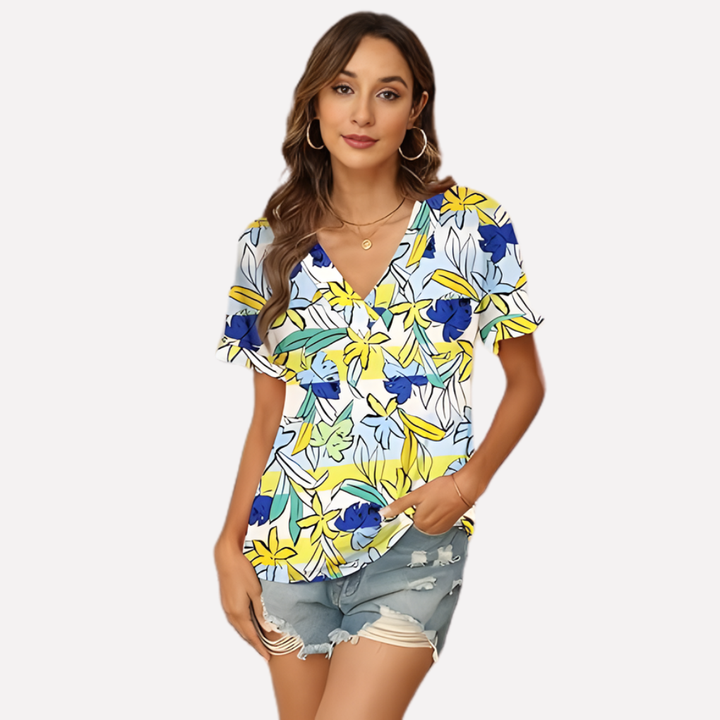 Basic dameskleding: V-hals T-shirt met korte mouwen, comfortabel en stijlvol voor de zomer.