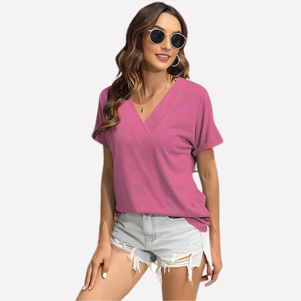 Roze casual V-hals T-shirt met korte mouwen, comfortabel en modieus dameskledingstuk.