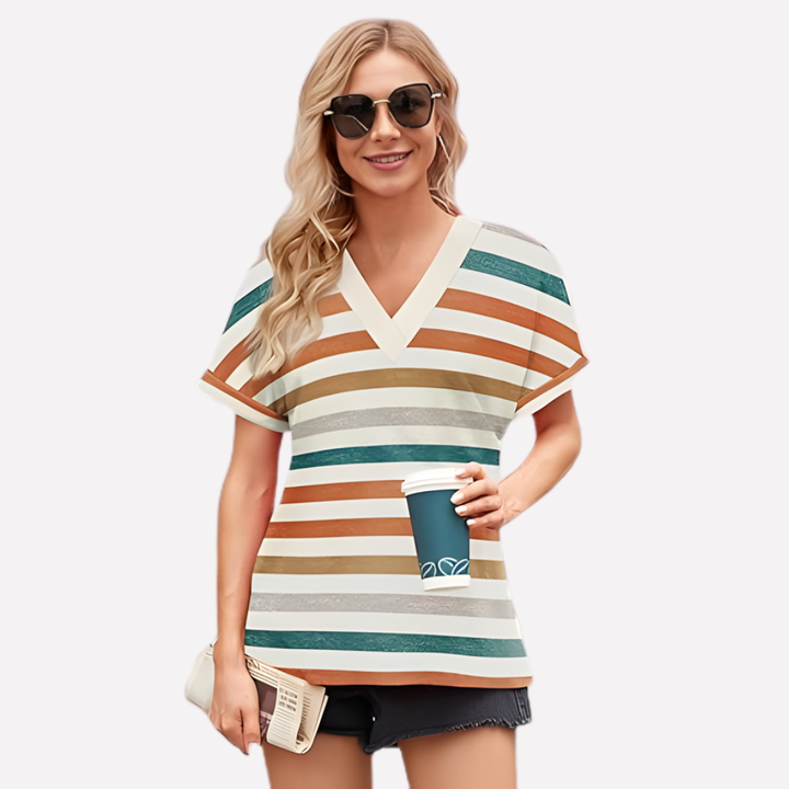 Vrouwen V-hals T-shirt met print design, korte mouwen en comfortabel voor een trendy look.