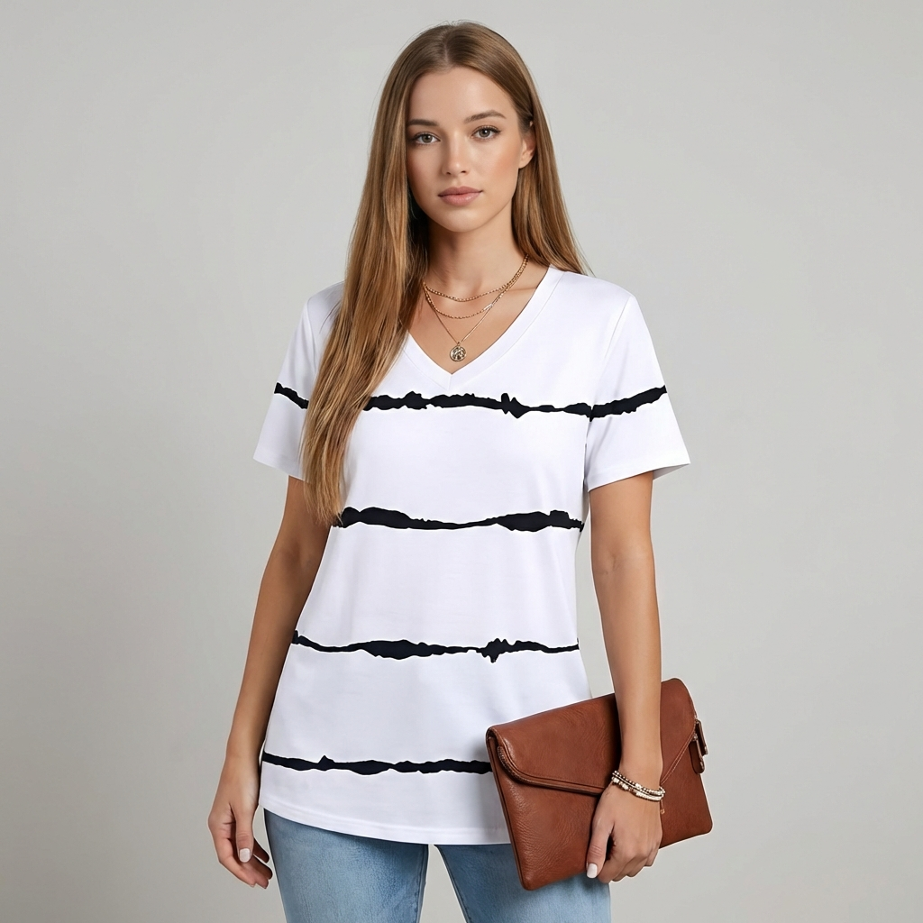 Dames V-hals top met korte mouwen, ideaal voor dagelijks comfort. Effen en modieus voor de zomer.