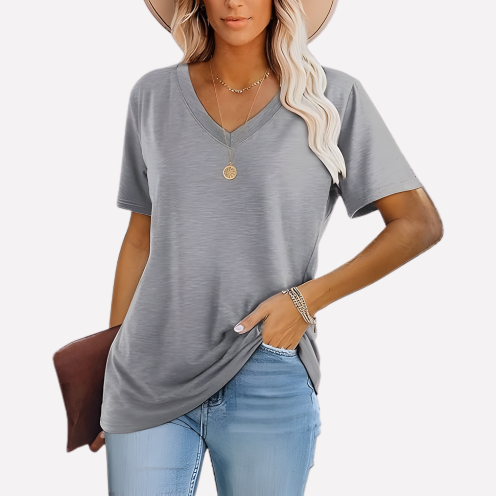 Casual dames top met V-hals en korte mouwen. Veelzijdig en comfortabel voor elke dag.