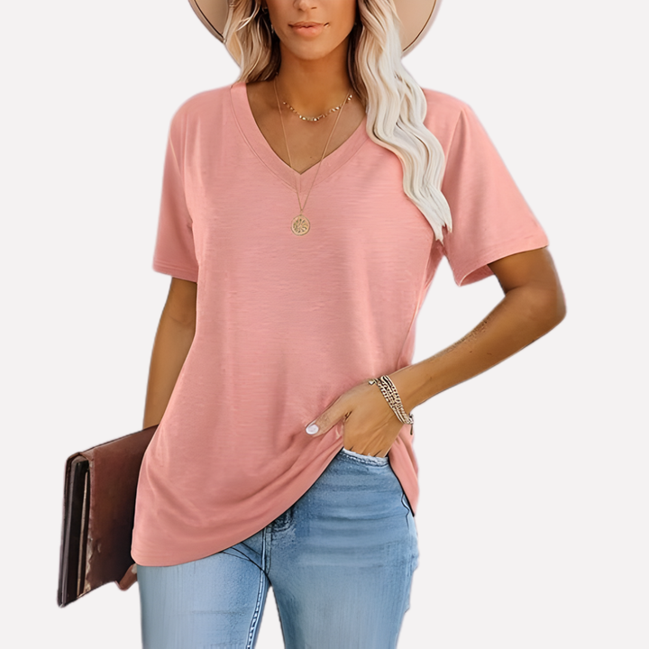 Dagelijkse comfortabele dames top met korte mouwen en V-hals. Ideaal voor een casual look.