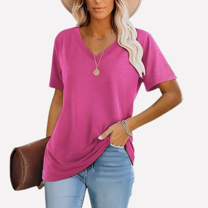 Comfortabele dames top, V-hals, korte mouwen. Casual en modieus voor dagelijks dragen.