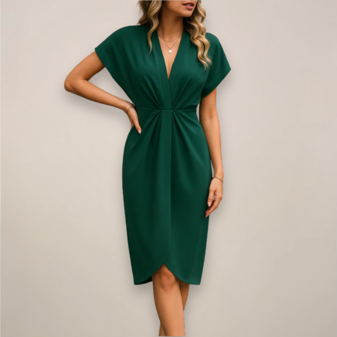 Elegante dames midi jurk, wikkelstijl met V-hals en flatterende tulpenzoom, perfect voor een chique uitstraling.