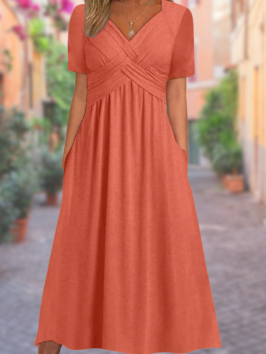 Dames V-hals zomerjurk, elegante en comfortabele losvallende maxi-jurk voor warme dagen.