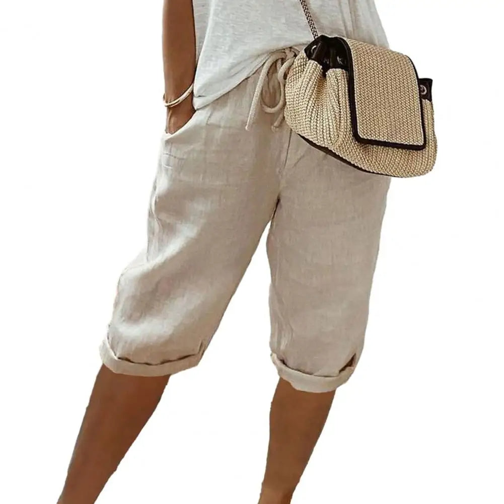 Khaki dames zomerbroek, vintage stijl kniebroek met elastische taille en functionele zakken voor optimaal comfort.