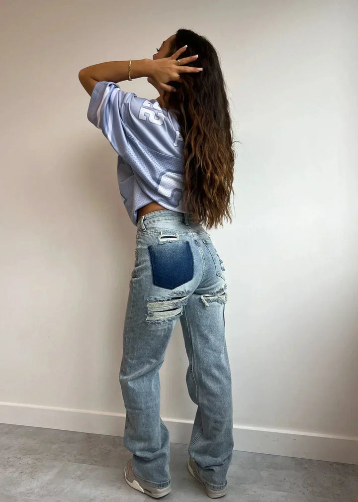 Lumi dames jeans, vintage stijl met modieuze ripped knieën, comfortabel denim.