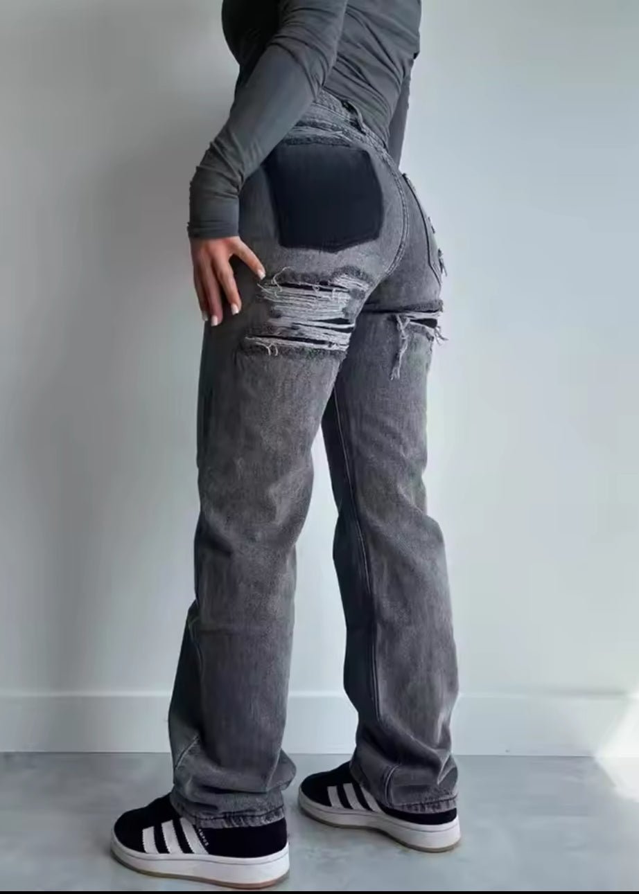 Trendy ripped denim broek, dames vintage stijl, blauw voor een casual outfit.